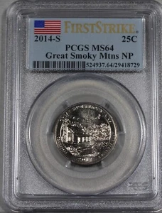 2014 S GREAT SMOKY MTNS NP QUARTER 25C PCGS MS64 FIRST STRIKE 29418729 - Foto 1 di 2