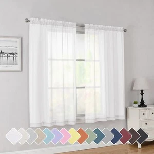 White Short Sheer Curtains 45 Inch Length for Small Windows, Rod Pocket 2 Pan... - Picture 1 of 8