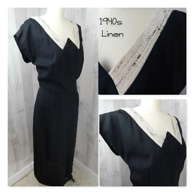 VESTIDO VINTAGE AÑOS 40 ~ Funda de lino negro marfil moteado cuello en V ~ Ajustado 41x34 Foto 1 de 4