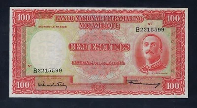 Portugal Portuguese Mozambique 100 Escudos 1958 P-107 AU-UNC RARE - Image 1 of 2