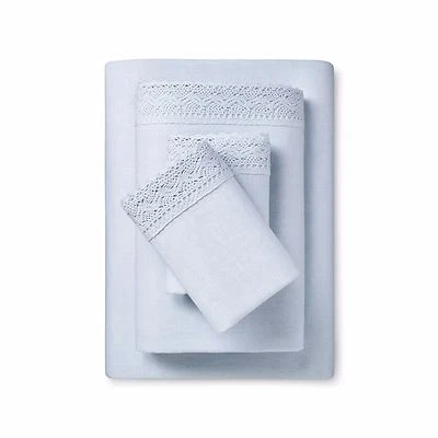 Nuevo Juego de Sábanas Simply Shabby Chic Lino Algodón Azul Crochet Encaje - Doble XL Foto 1 de 4