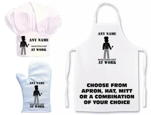 PERSONALISED MASTERCHEF STICKMAN APRON,CHEFS HAT, OVEN MITT SINGLE / CREATE SET - Picture 1 of 7