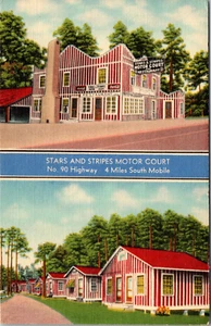 MOBILE, ALABAMA - STARS & STRIPES ROADSIDE MOTOR COURT SPLIT VIEW LINEN POSTCARD - Picture 1 of 2