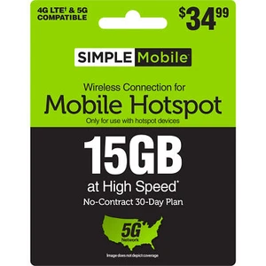 SIMPLE Mobile 34,99 $ Hotspot Data, 15 Go, Forfait 30 jours [Livraison physique] - Photo 1 sur 5
