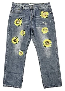Miss Look Size 3XL Med Blue SUNFLOWER EMBELLISHED JEANS Lightly Distressed - Picture 1 of 7