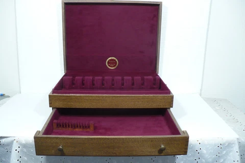 1 Naken Walnut Dovetailed Silverware Storage Chest w/ Burgundy Felt & Drawer Cover