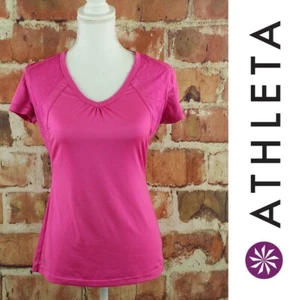 ATHLETA Top Velocity Tee Womens XS Hot Pink Wick-It Mesh $54 V Neck #581717 EUC - Picture 1 of 10