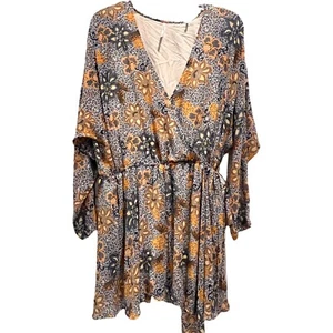 Free people Dress Womens Small Yellow Beige Blue Long Sleeve Vneck - Picture 1 of 13