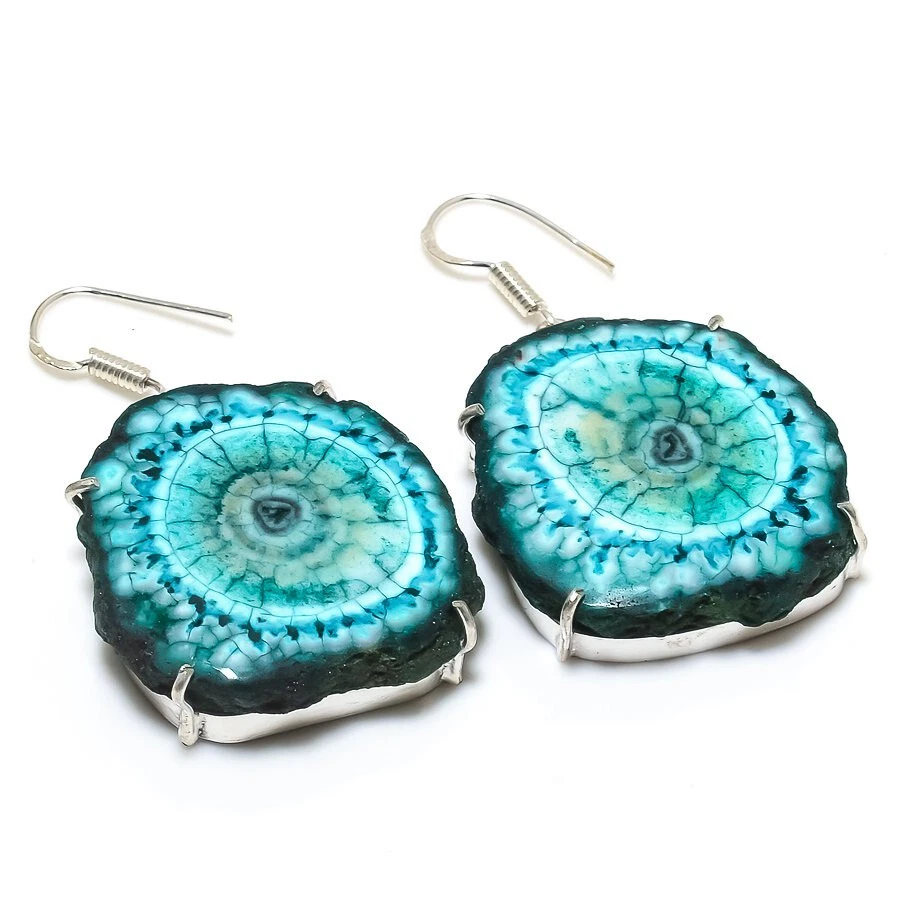 Green Solar Quartz Druzy Gemstone Silver Plated Dangle Earrings Jewelry 2" - Image 1 of 1