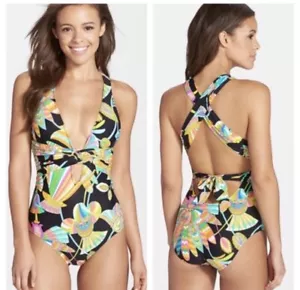 Trina Turk Tahitian Floral one piece swimsuit Size 6 Plunge Brooch - Picture 1 of 11