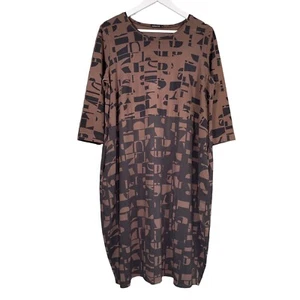 Grizas Letters Print Dress Large Brown Jersey Pockets Bubble Balloon Lagenlook - Picture 1 of 14