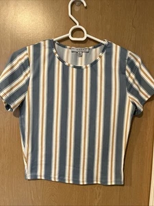 Gaze Women’s Striped Crop Top Short Sleeve Blue White Small Summer Stretch  - Picture 1 of 5