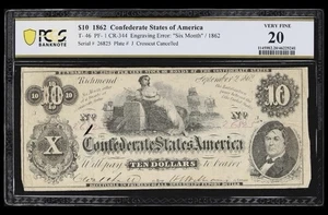 T-46 1862 Confederate States $10 Civil War, MINT ERROR Banknote Currency, PCGS - Picture 1 of 3