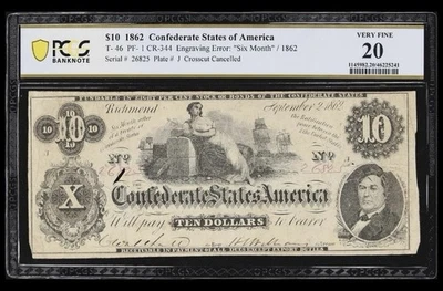 T-46 1862 Confederate States $10 Civil War, MINT ERROR Banknote Currency, PCGS - Image 1 of 3