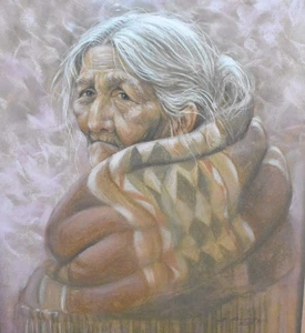 Vintage 1981 signierte Zeichnung der Navajo Frau älter 18,5" x 22,5" L. Henry New Mexico - Bild 1 von 12