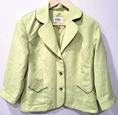 Studio I Womens Lime Green 3/4 Sleeve Blazer Jacket w/Black Trim Size 14 - Image 1 of 4