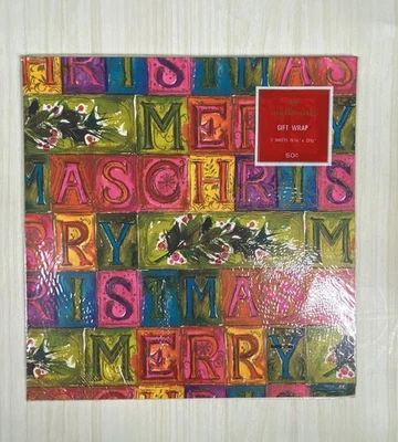 Vintage 60s Gift Wrap MERRY CHRISTMAS Colorful Block Letters Wrapping Paper MCM - Image 1 of 4