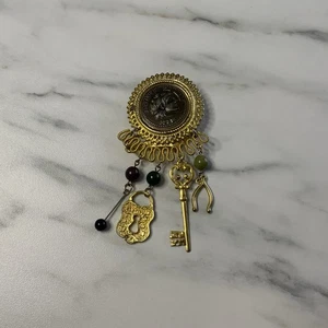 Vintage Alexander the Great Brooch Pin Faux Coin Charms Ruler Sword Key Pin  - Picture 1 of 8