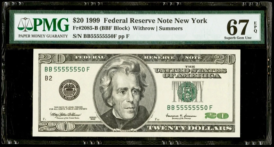 Near Solid Serial Number 55555550 1999 $20 Dollar Fancy Serial PMG 67 EPQ Superb - Image 1 of 2