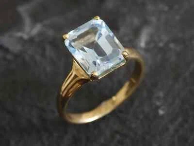 3 Ct Emerald Cut Natural Aquamarine Diamond Engagement Ring 14K Yellow Gold Sz 8 - Image 1 of 4