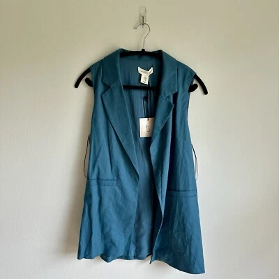Happily Grey Open Front Sleeveless Blazer Vest Women Size M Blue Linen Blend New - Image 1 of 4