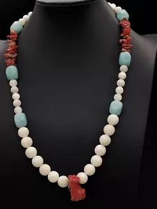 collana donna etnica vero corallo rosso Sardegna madreperla bianca amazzonite - Foto 1 di 17