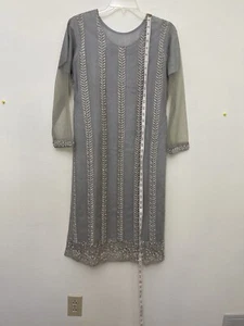 Women Dress Net With Sequence Embroidery Grey Color M - Picture 1 of 10