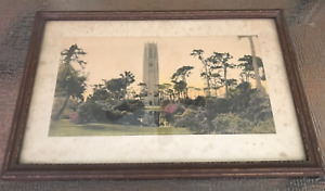 Antique  Picture Frame  w 13"x6 1/2" hand tinted photo Bok Tower bird sanctuary