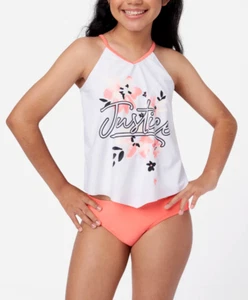 JUSTICE Girls Swimsuit Tankini Floral Black Coral Pink Bikini 10 16 18 PLUS Size - Picture 1 of 4
