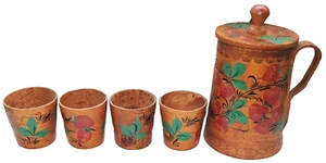 Vtg Russian USSR 1980s Bark Cork Wood Drinking Set of 5 KHOKHLOMA Signed 48m - Picture 1 of 4