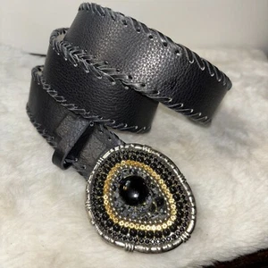 Nine W. Gen Leather Silver Medallion Encrusted Stones Beads and Rhinestone - Picture 1 of 15