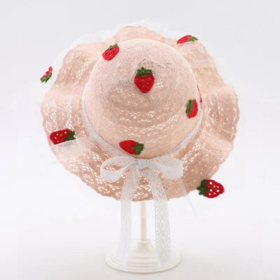 Chapéu de algodão para bebês meninas aba larga chapéu de sol bordado morango boné dobrável - Imagem 1 de 4