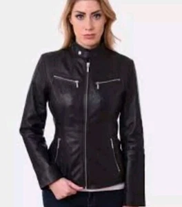 Great Bikers Gear Black Quilted Leather Moto Goth Jacket Sz LG Women NWT - Picture 1 of 18