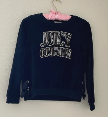 Juicy Couture Girl Top Sweatshirt Size 8/10 Black Velour Y2K Bling Logo Pullover - Image 1 of 4