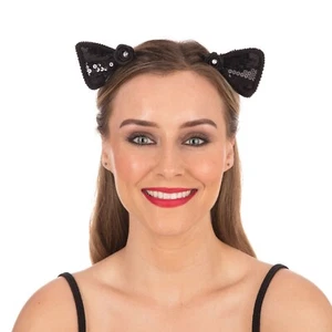 Adult / Child Black Sequin Cat Ears on Hair Clip Fancy Dress Halloween Accessory - Picture 1 of 1
