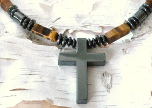Mens Womens Holy Magnetic Therapy Hematite CROSS NECKLACE TIGER EYE - Picture 1 of 4