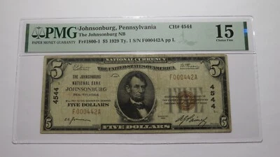 $5 1929 Johnsonburg Pennsylvania National Currency Bank Note Bill #4544 F15 PMG - Image 1 of 4
