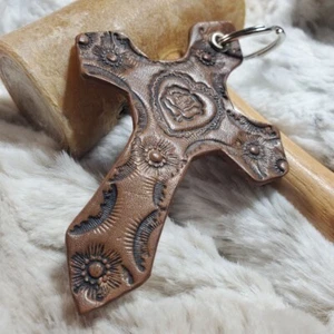 Leather Keychain Handmade Christian Cross Design Key Holder Fob Veg Tan Leather - Picture 1 of 11
