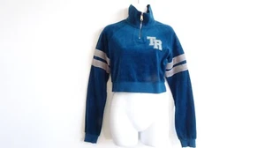 True Religion Women's Turq Velour Grey Striped Cropped Hoodie Sweatershirt Sz S - Picture 1 of 8