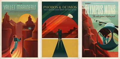 Set of 3 NASA Travel Posters Valles Mariners Phobos & Deimos Summit Olympus Mons - Image 1 of 4