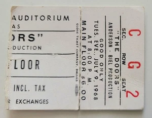 The Doors & Moving Sidewalks 7/9/68 Dallas Mega Rare Ticket Stub Billy Gibbons - Picture 1 of 1