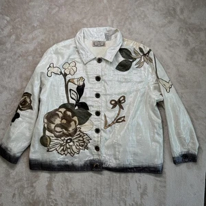 Life Style Jacket Womens 2XL Silver Metallic Floral Applique Button Front Ombre - Picture 1 of 12