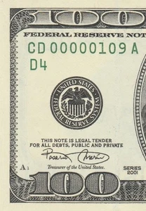 RARE 3 DIGIT | FANCY | Very Low Serial | 2001 $100 FRN | CD 00000109 A | CRISP!! - Picture 1 of 3