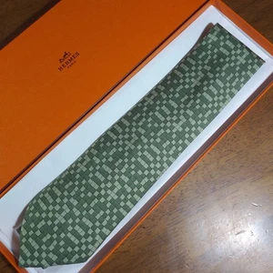 Hermes Green Check Silk Tie with Box 9cm Wide 148cm Length Used - Picture 1 of 4
