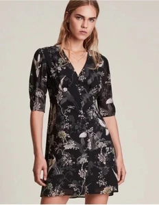 Mini Vestido AllSaints Para Mujer Talla 6 Kota Amare Negro Con Botones Grúa Estampado de Pájaro - Imagen 1 de 14