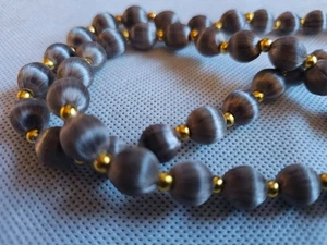 Vintage Gray Satin Bead Necklace Long Strand Gold Spacer Costume Jewelry - Picture 1 of 2