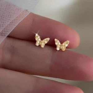 Dainty Butterfly Sparkly Gold Plated Stud Earrings NEW - Picture 1 of 1