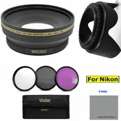 77MM WIDE ANGLE + LENS HOOD + HD FILTER KIT + MACRO LENS FOR NIKON COOLPIX P1000 - Image 1 of 4