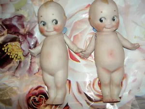 PAIR ANTIQUE all bisque, 6 1/2" sgnd. O'Neill KEWPIE dolls jtd. arms, blue wings - Picture 1 of 24