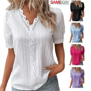 Womens V neck Summer Ladies T-Shirt Blouse Short Sleeve Tops Pullover Plus Size - Picture 1 of 13
